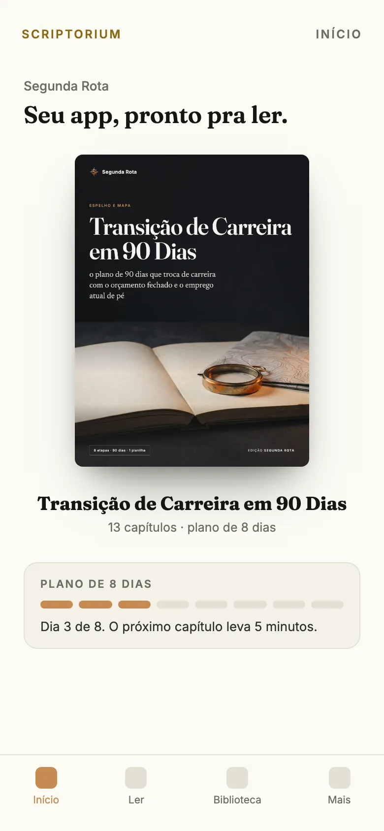 Capa do app: o ebook Transição de Carreira em 90 Dias aberto na tela Início, com o plano de 8 dias